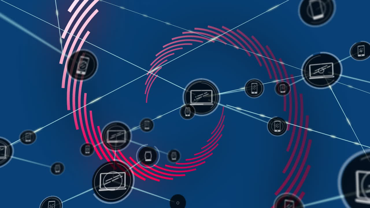 Data processing and network connections animation with red circles on blue background