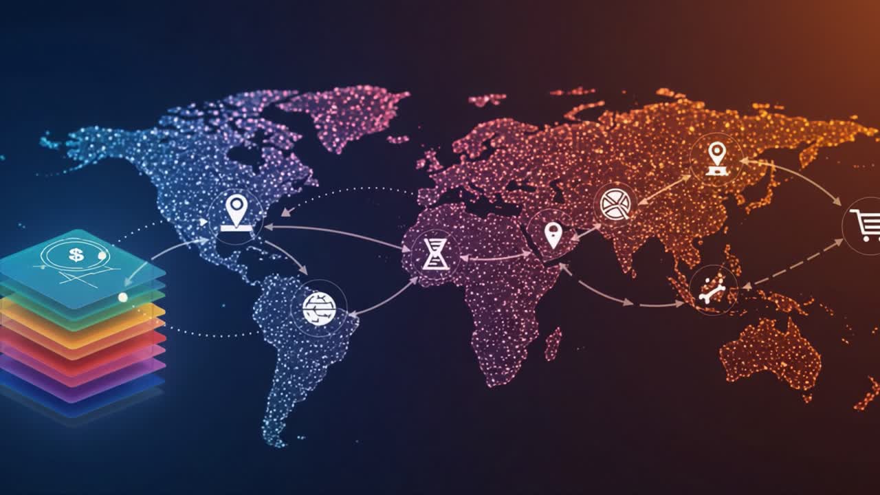 Visual Representation of Global Connectivity with Digital Elements Showcasing Trade, Communication, and Navigation Paths Across a Stylized World Map