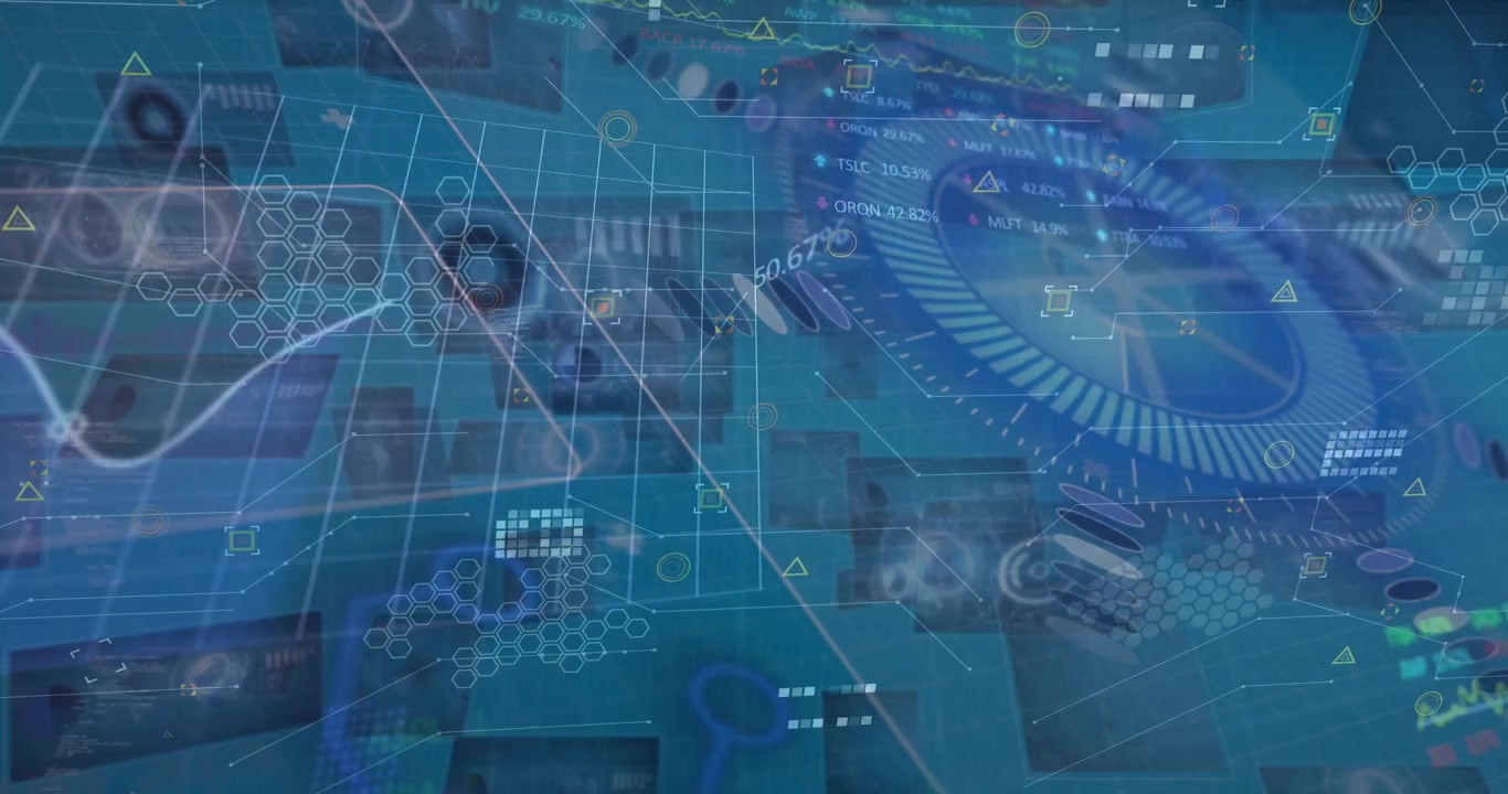 Animation of network of connections with people icons over financial data processing