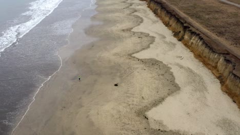 Antenne:-Half-Moon-Bay-Beach-Klippen-Und-Person,-Die-Am-Sandstrand-Läuft