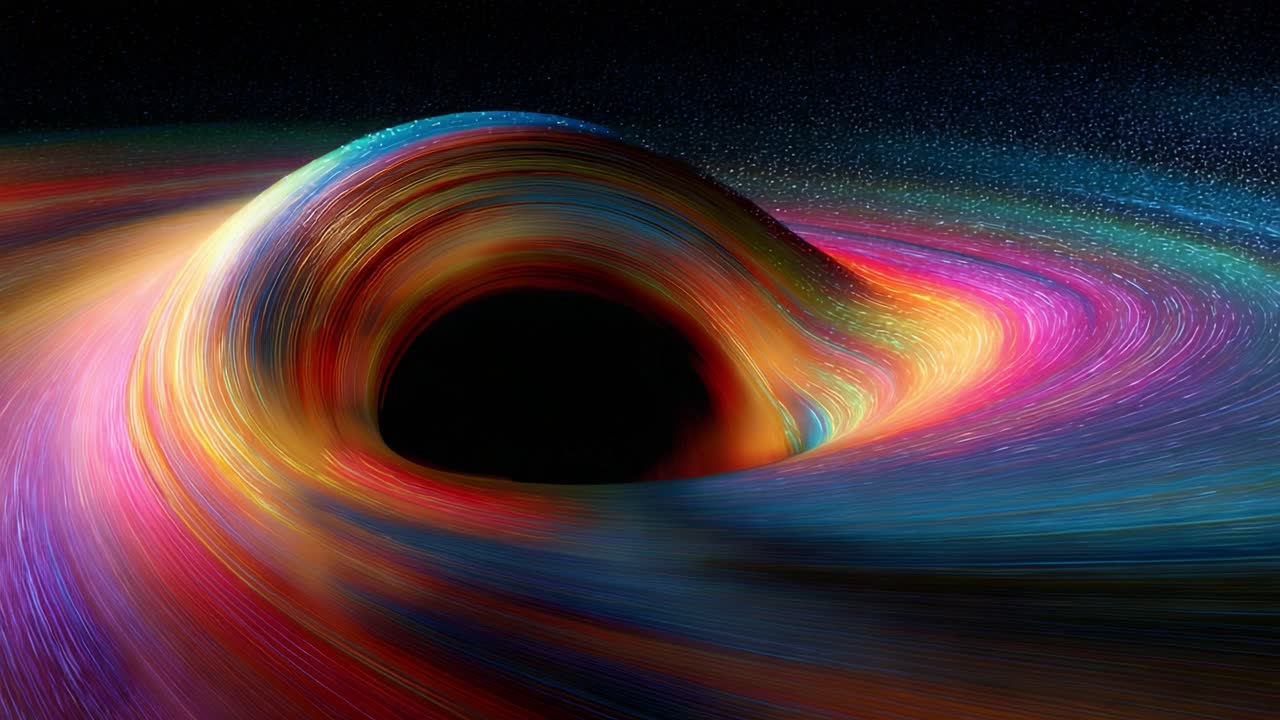 Vibrant Cosmic Phenomena: An Artistic Representation of a Black Hole with Colorful Swirls Illustrating the Gravitational Dynamics and Celestial Wonders of the Universe