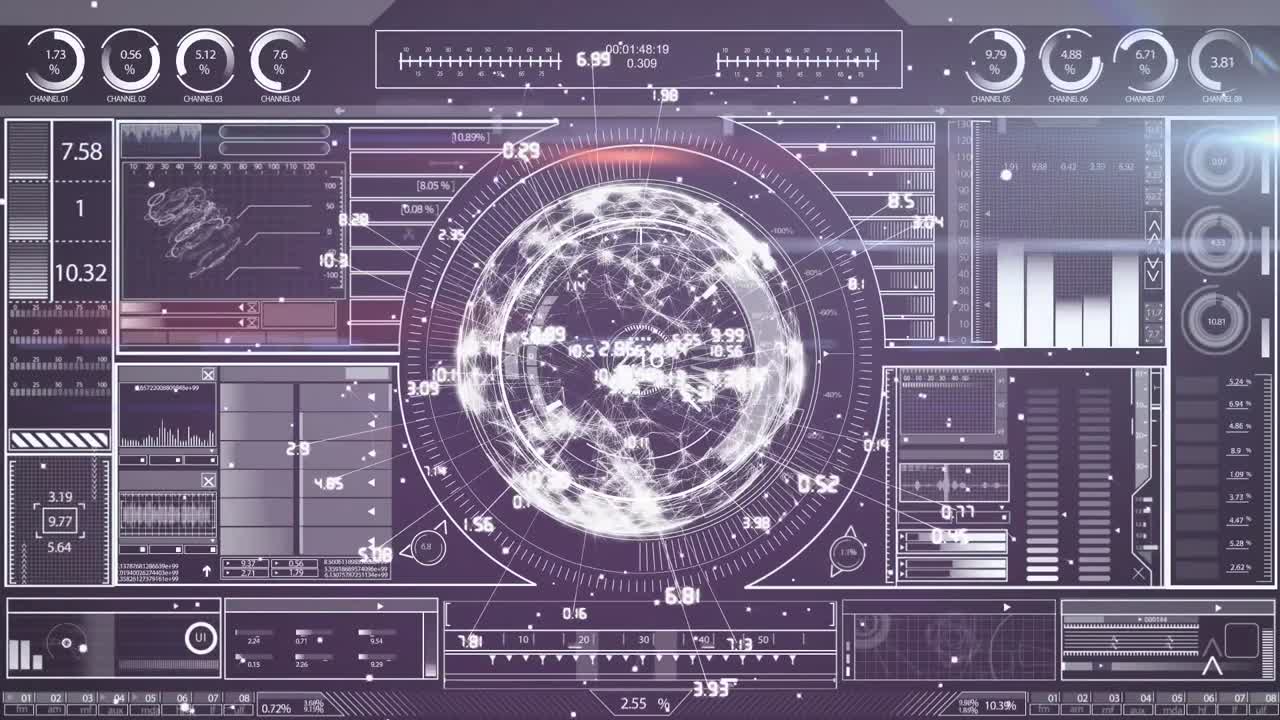 Animation of globe with networks of connections, statistics recording and data processing on screen