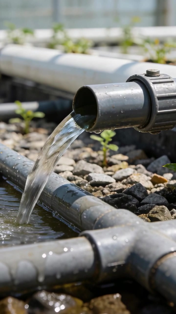 Vertical video: Pouring PVC spout sending water into greenhouse trough with fittings, copy space