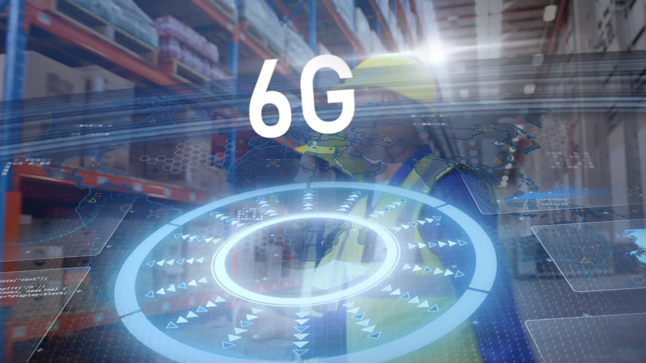 In warehouse, worker using digital interface with 6G technology concept animation