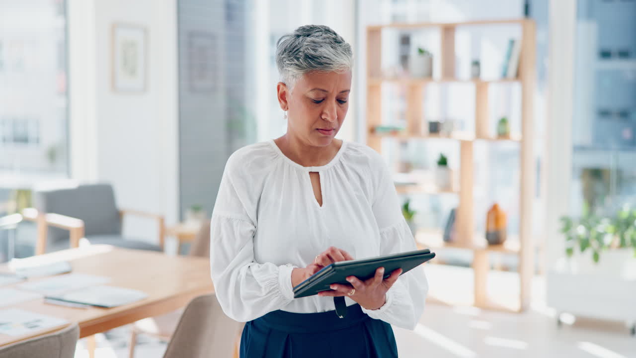 Thinking, business woman and tablet planning