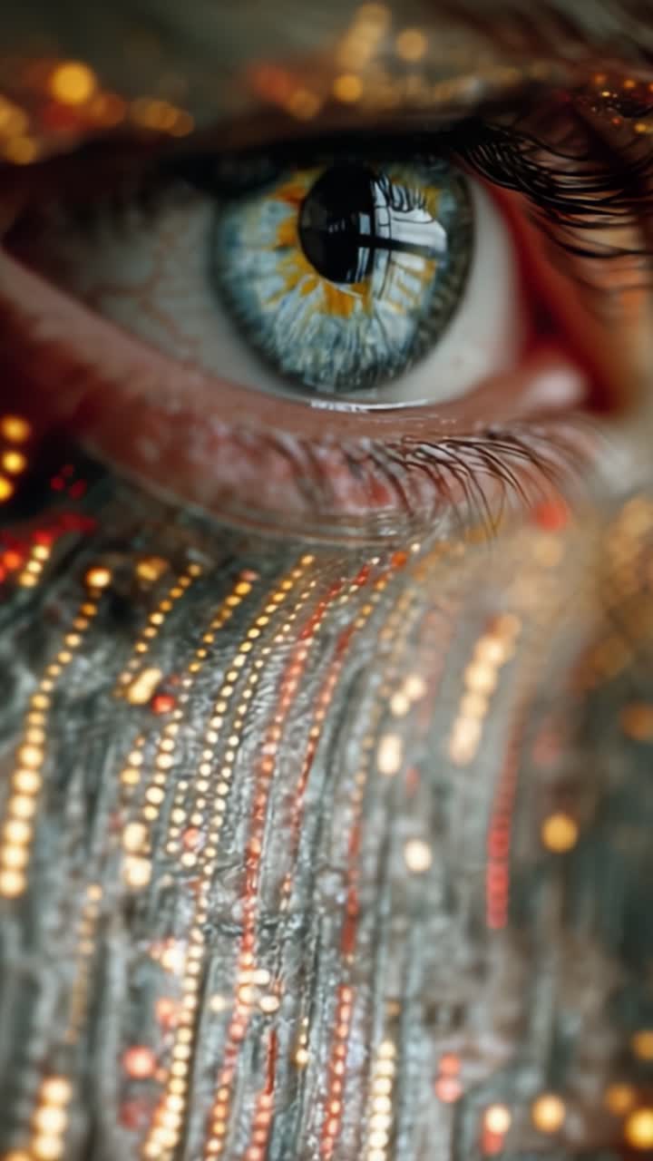 Close-Up View of an Artistic Eye with Intricate Patterns Reflecting Light and Colorful Textures, Capturing the Essence of Beauty and Detail in Visual Art