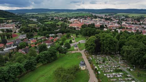 amazing drone footage flying over the place of pilgrimage, the stations of the cross in moravska trebova, krízovy vrch