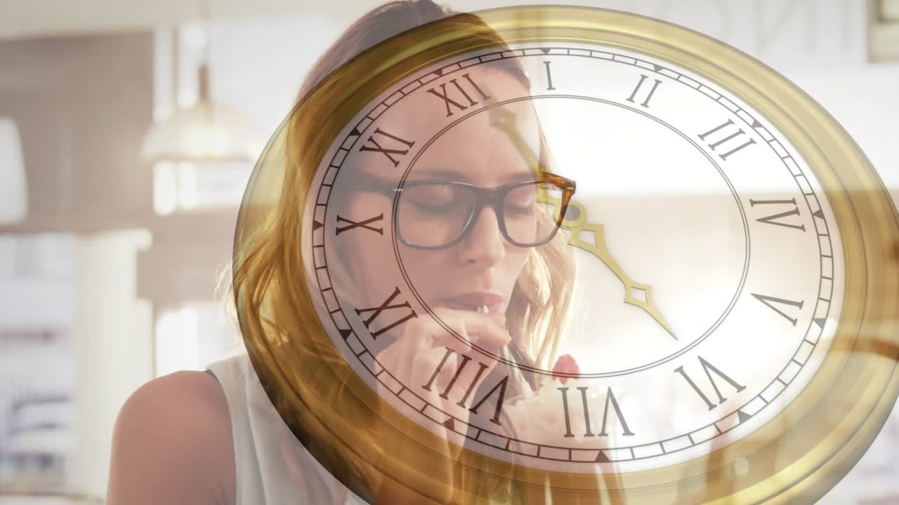 Woman at desk raising lip balm, applying to lips for beauty while antique clock overlay rotating