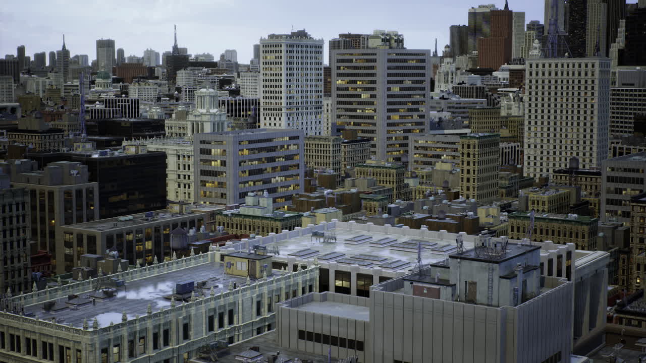 Urban skyline of a bustling city during dusk with architectural diversity