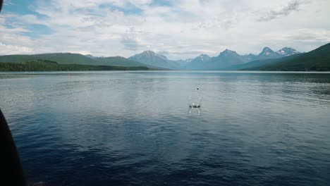 girl skipping rock in slow motion on glacial lake at glacier national park with mountain range backdrop