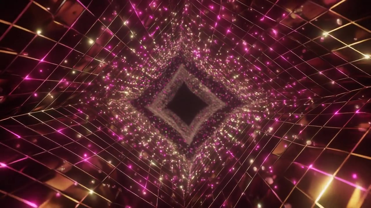 Tunnel digitale astratto con griglia geometrica luminosa rosa e oro