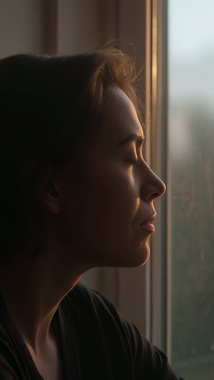 Video verticale: luce solare radente che induce una donna a chiudere gli occhi, respirando alla finestra, avambraccio, top scuro