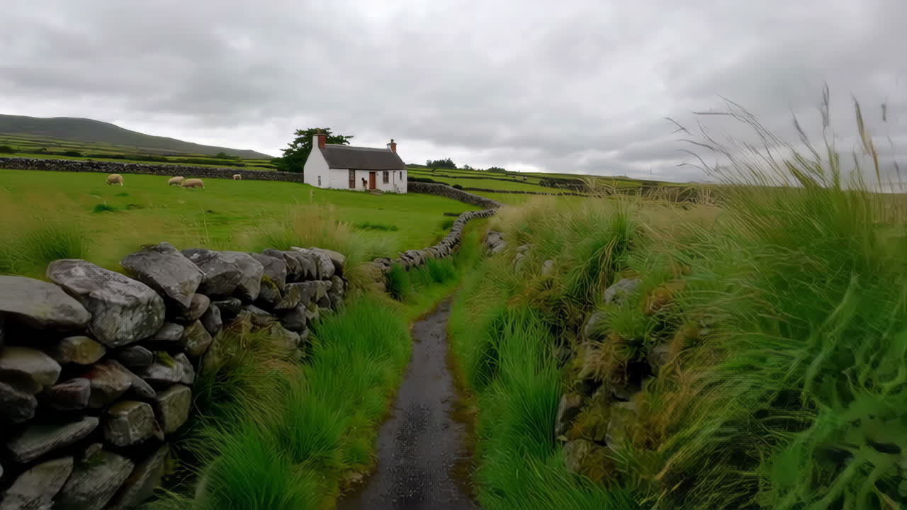 Charming Irish Cottage with Thatched Roof and Scenic Rural Landscape