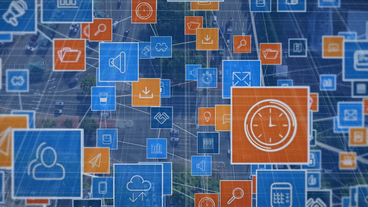 animación de iconos de medios sobre el paisaje urbano