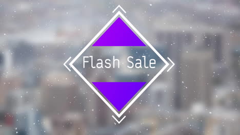 animación de texto de venta flash en diamante blanco y púrpura sobre la nieve que cae y la ciudad borrosa