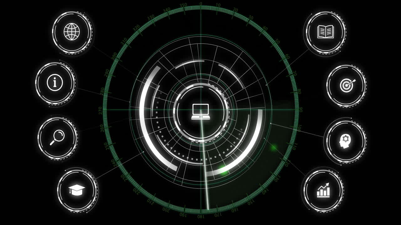 아이콘과 데이터 처리 연결의 애니메이션 검은 바탕에 범위 스캐닝을 통해