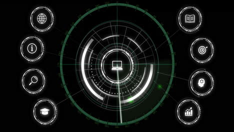 Animation of connections with icons and data processing over scope scanning on black background