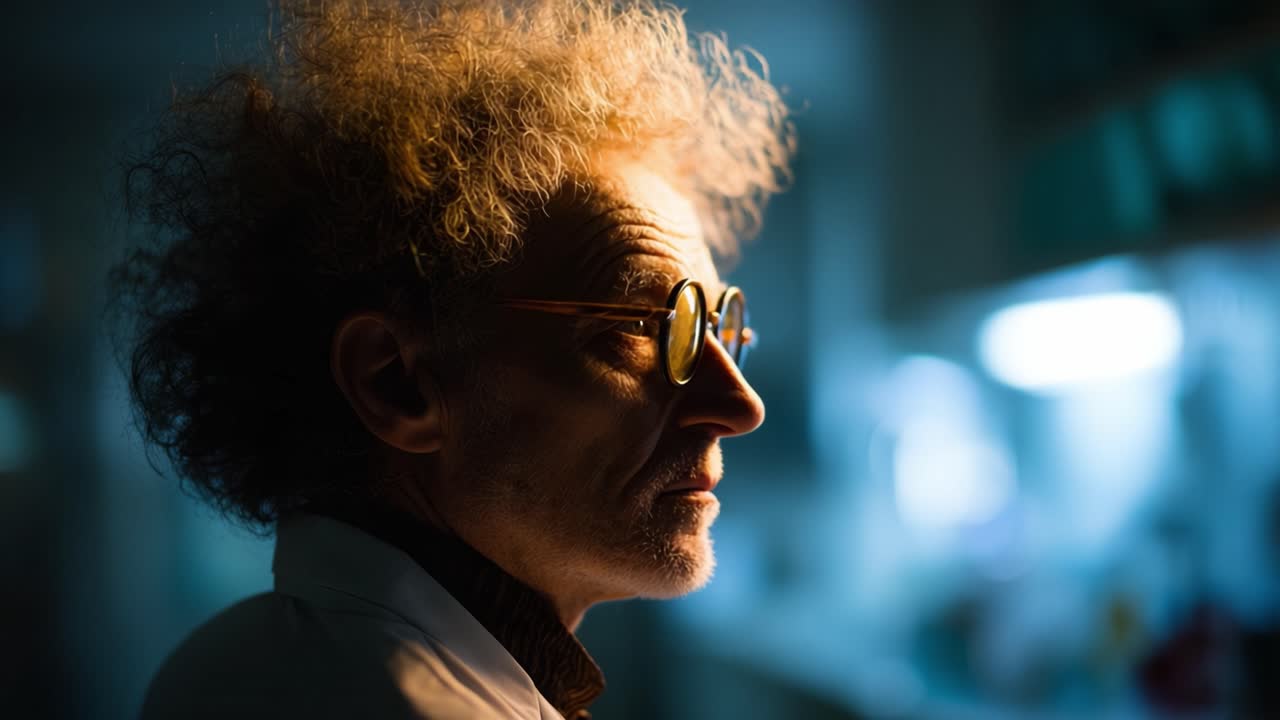 A thoughtful scientist in a lab, contemplating his next experiment under the soft glow of laboratory lights, showcasing a blend of curiosity and introspection