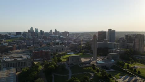 aerial establishing shot of kansas city, missouri with skyline in background