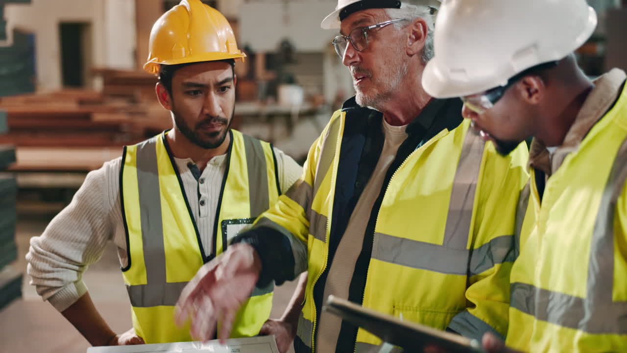 Construction workers reviewing building plans on site