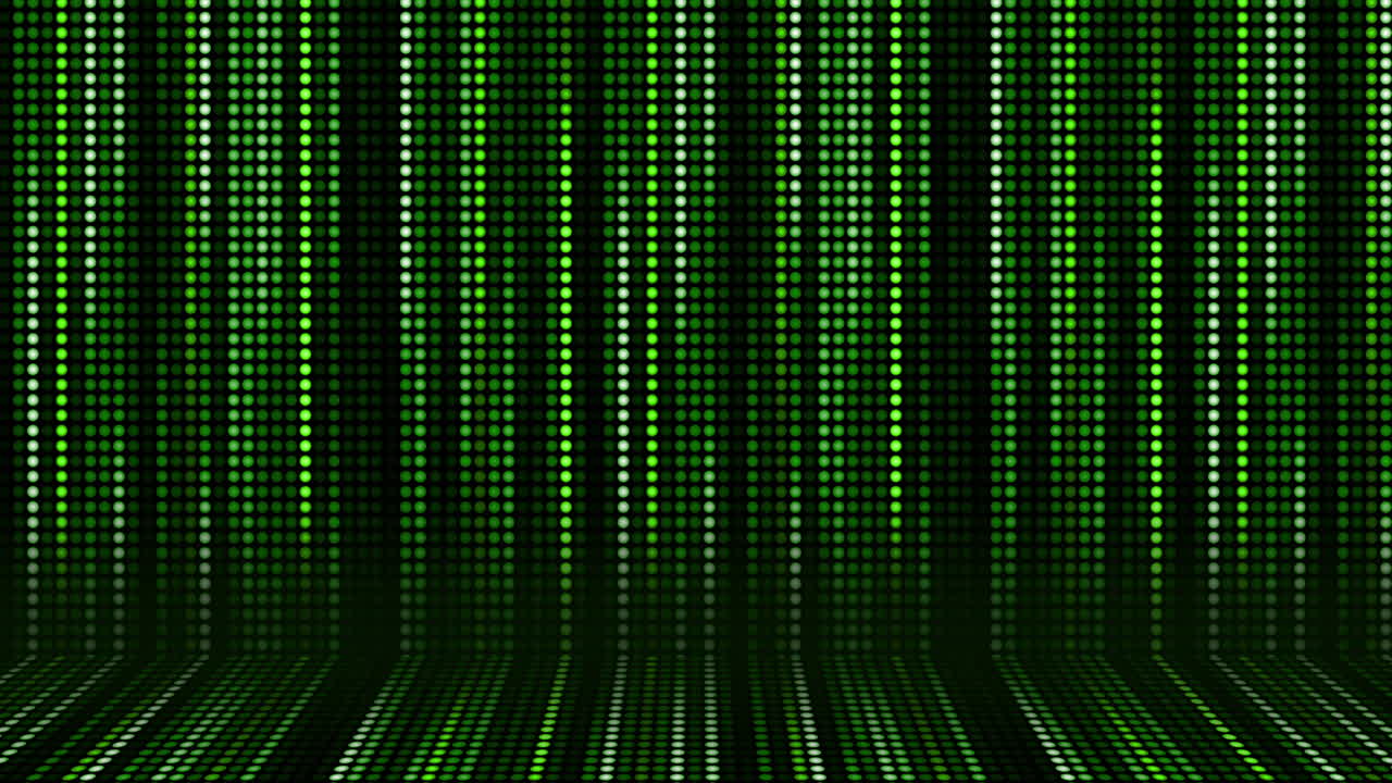 Bright lines fall down shining stream. Glowing green wall of dots. Looped abstract animated background. Screen pixels.