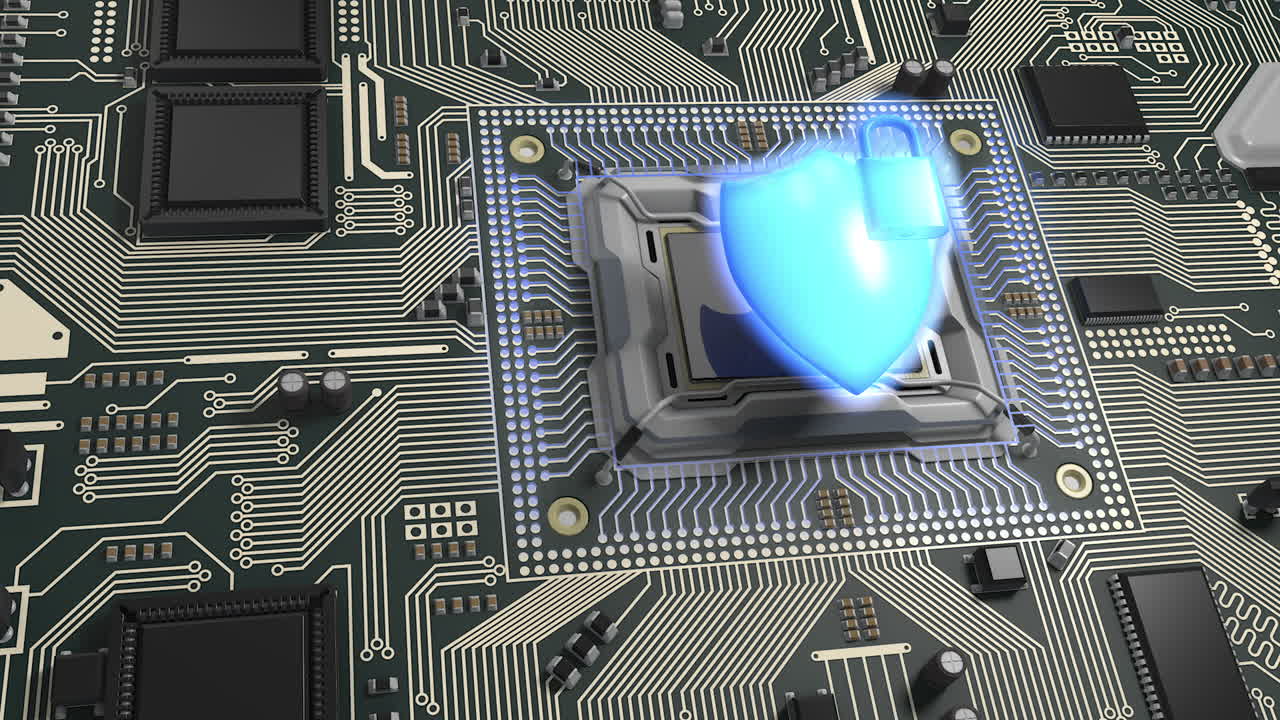 cybersecurity 3d animation shield e lock over cpu o componente chiave