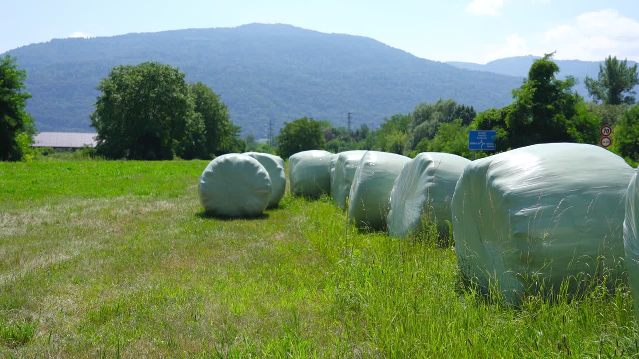 bolas de heno envasadas con bolsas de plástico
