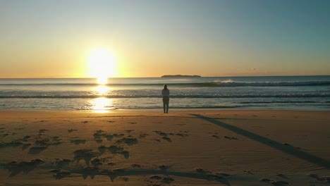 woman silhouette stands alone at the beach contemplating the ocean