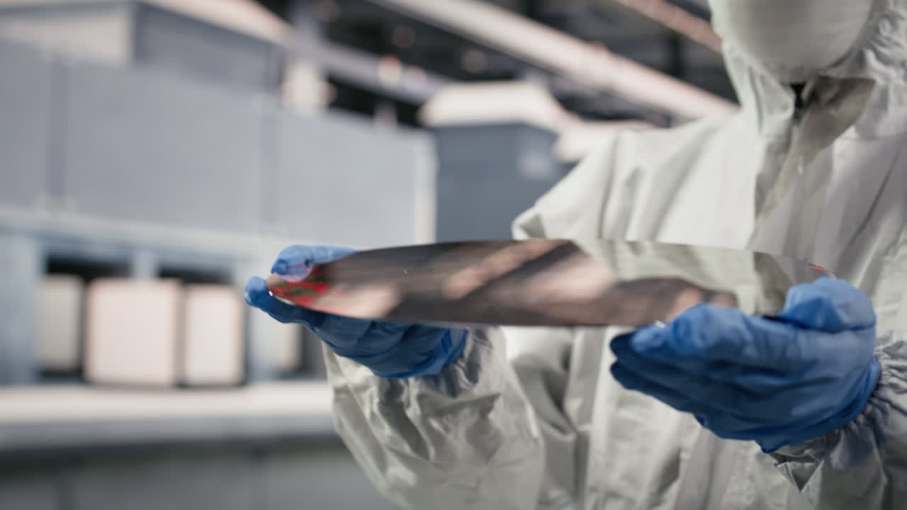 Ingegnere di controllo qualità che esamina il substrato di semiconduttore in un laboratorio di ricerca in camera bianca