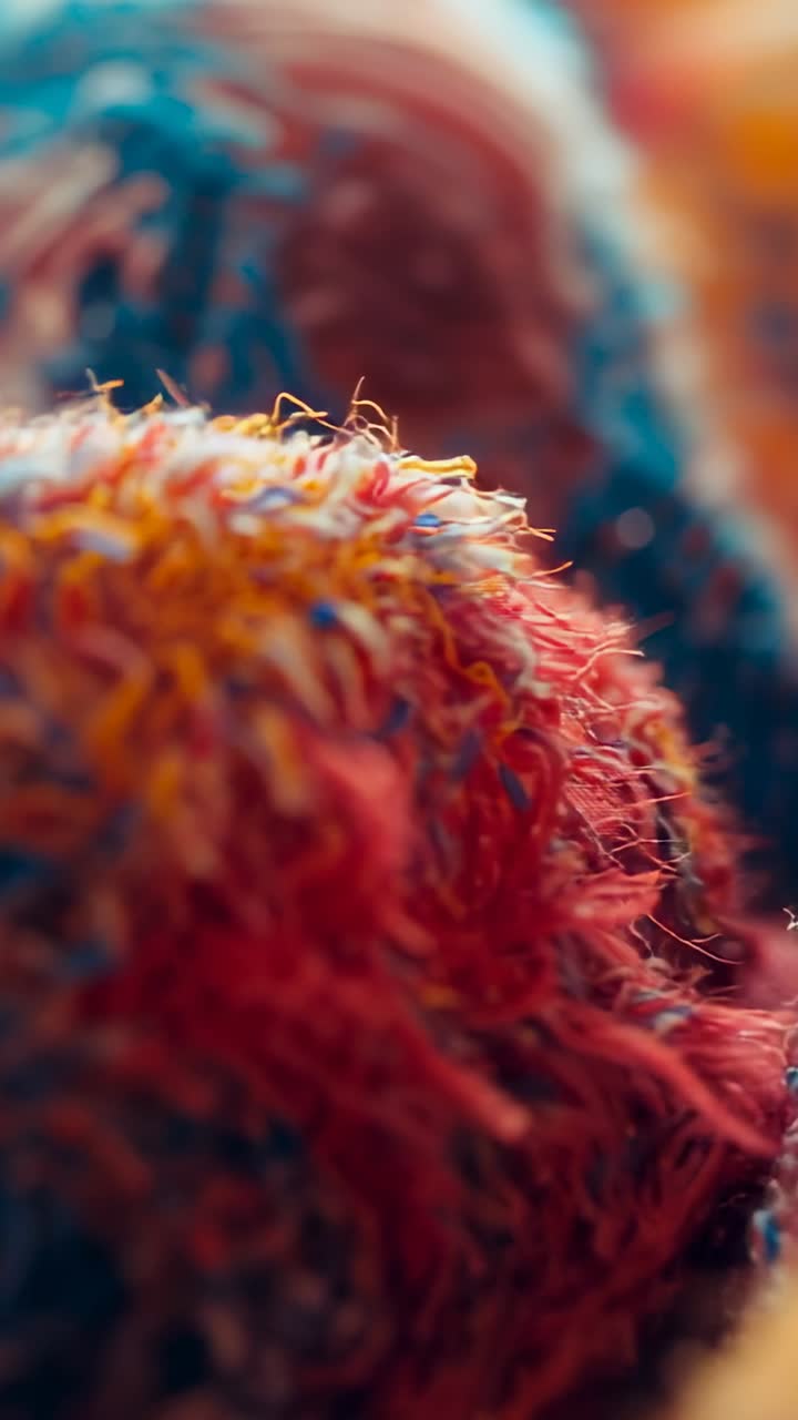 Vertical video: Lens starting focusing on tufted fabric in macro shot, revealing rich yarn texture
