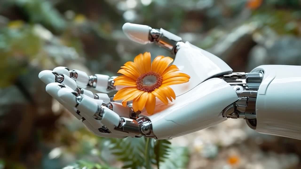 Robot hand holding a flower
