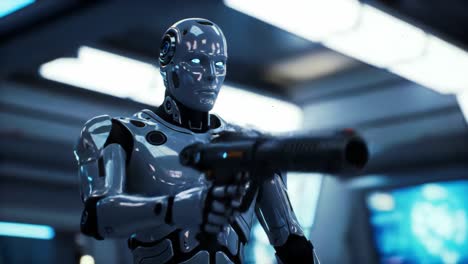 a futuristic humanoid robot with a sleek metallic design and glowing features is poised with a weapon, showcasing advanced technology and a formidable presence in a high-tech environment