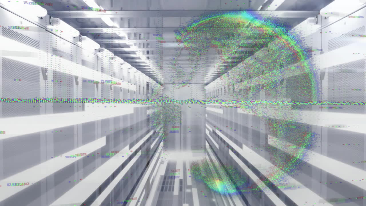 미래의 데이터 센터와 서버 랙에 대한 글리치 효과 애니메이션