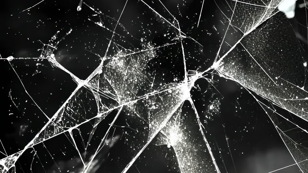 Close-up video shot of shattered glass with a dramatic, abstract style