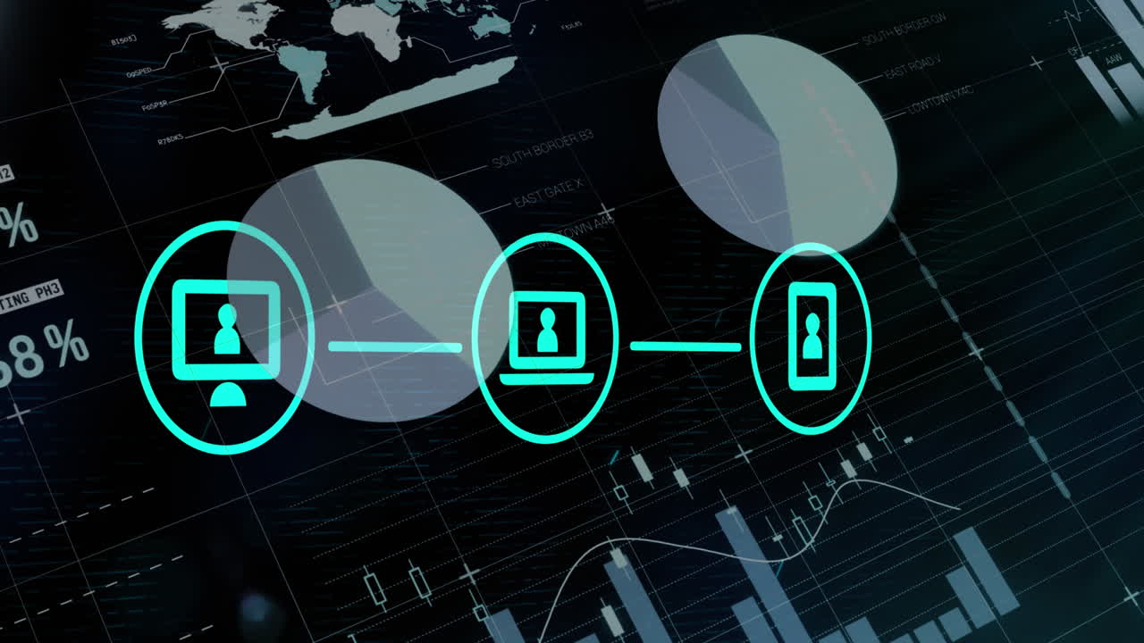 animación de iconos conectados sobre la interfaz infográfica contra un fondo negro