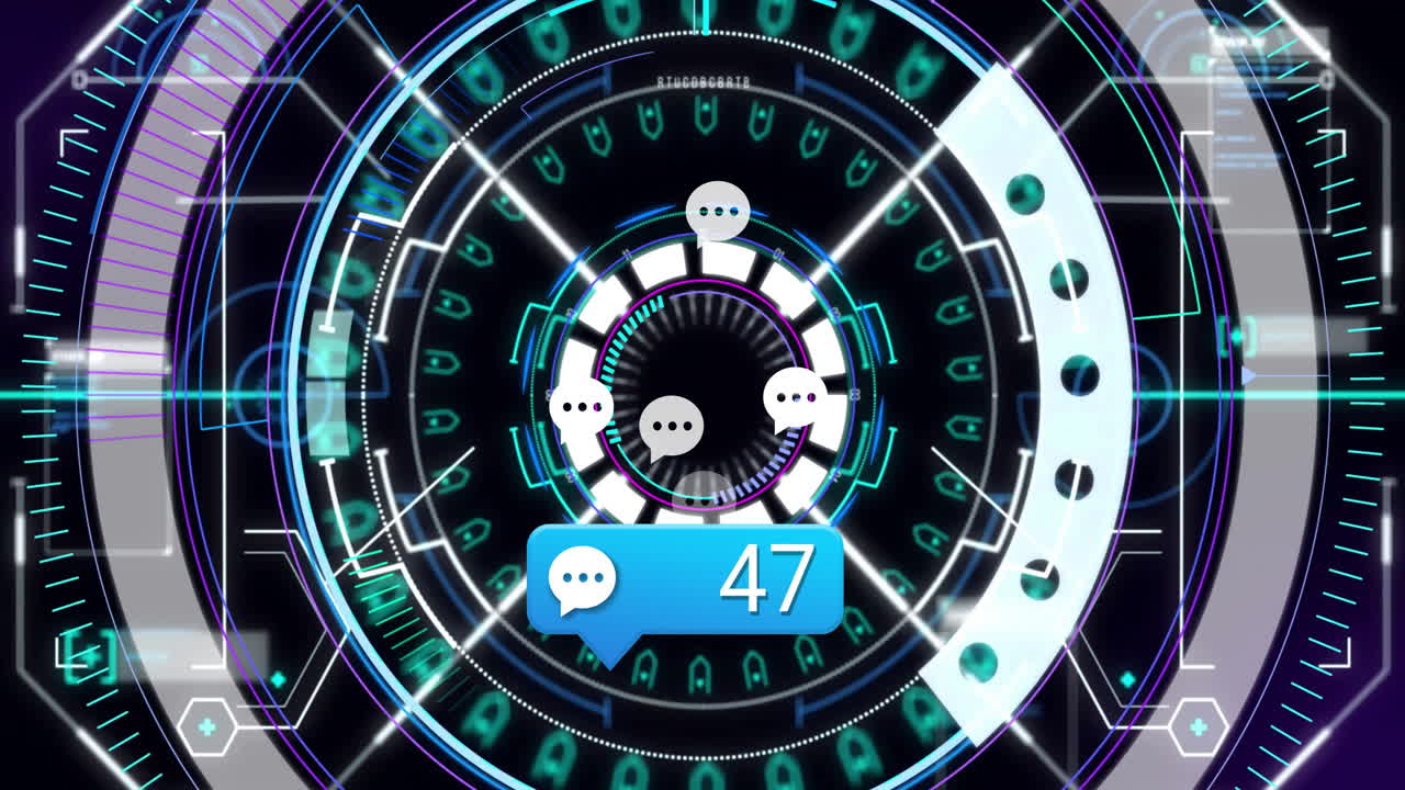 notificaciones de chat digitales animadas a través de una interfaz circular futurista en la pantalla