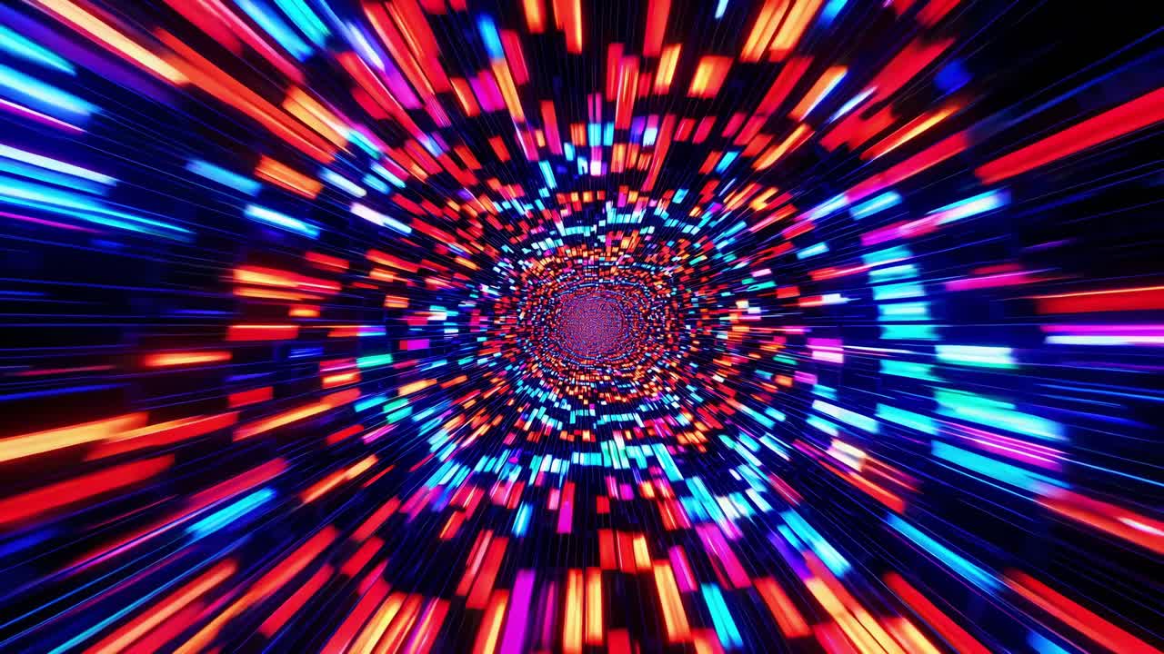 Multicolored pixelated tunnel is expanding with glowing neon lights, creating a mesmerizing visual experience, ideal for technology, music, and futuristic concepts