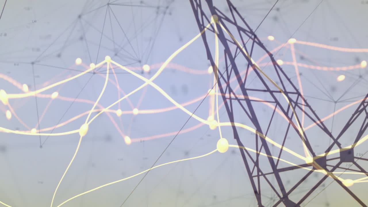 Silhouetted power lines with animated network connections and data processing in sky