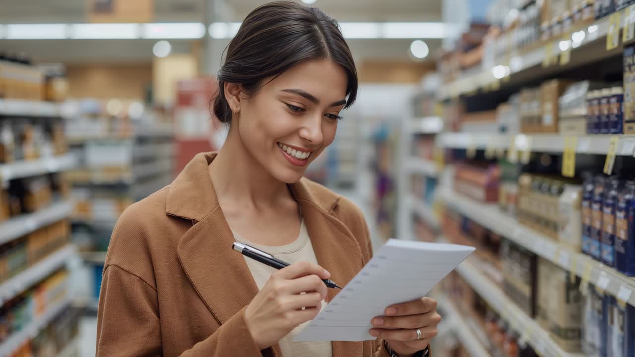 Raising notepad, shopper in brown coat writing with pen and checking shelf prices in grocery aisle
