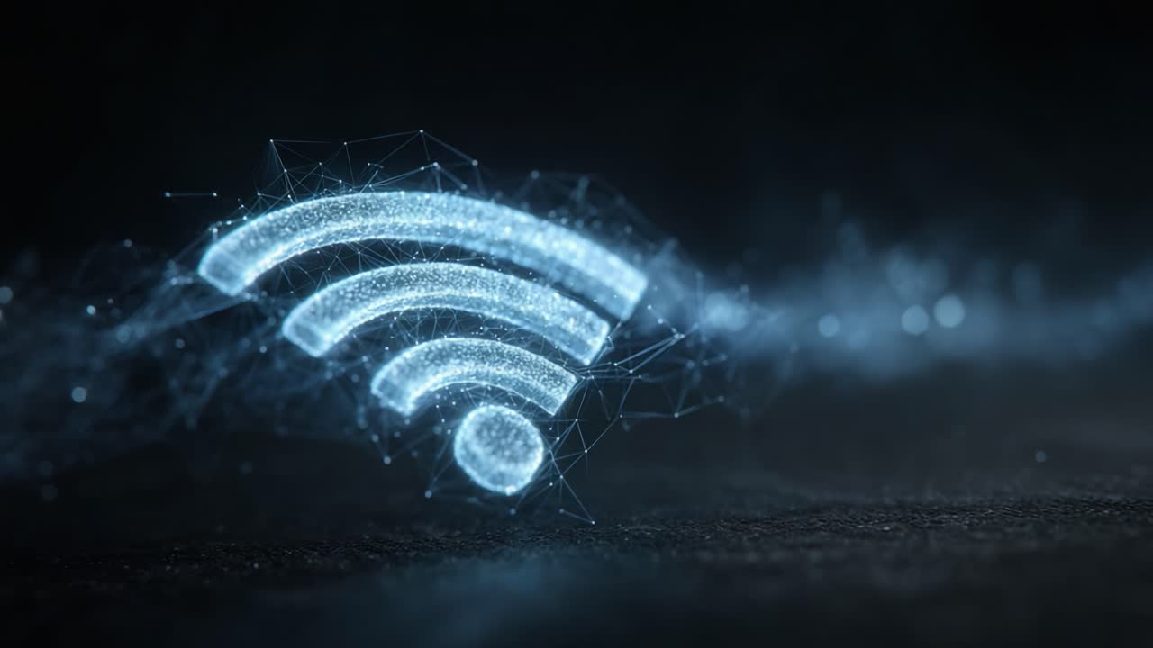 Illuminated Wi-Fi Signal: A Futuristic Depiction of Connectivity and Technology Represented Through a Glimmering Wireless Icon in a Digital Landscape