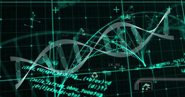 On data pulse arriving dotted DNA helix undulating and rotating, showing molecular metrics