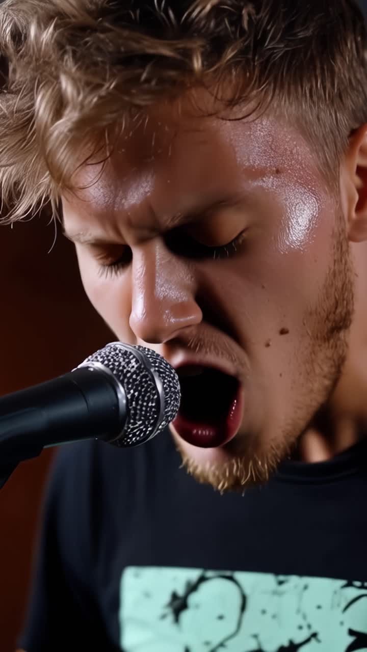 A passionate vocalist delivers powerful emotions through his singing performance, showcasing a range of expressions from intense highs to soulful moments