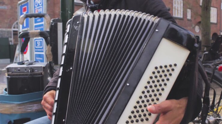 Primo piano della mano di un musicista di strada che suona la fisarmonica. Copenaghen, Danimarca