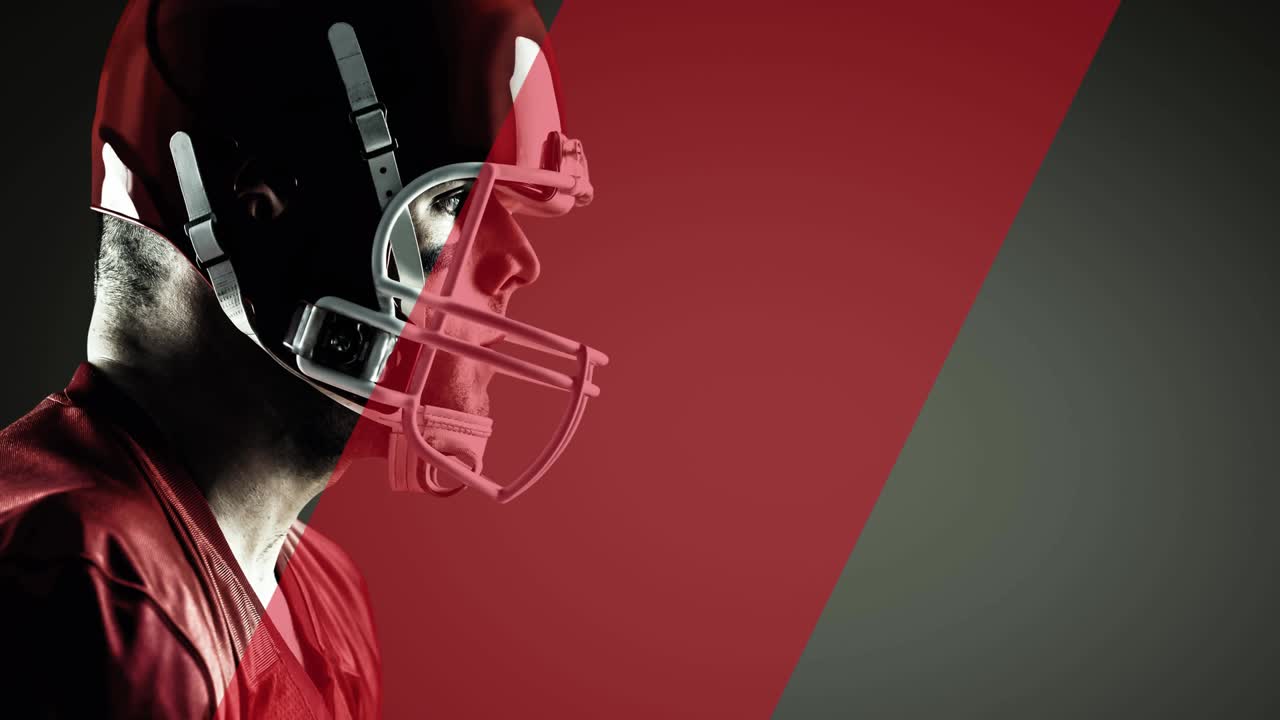 animación de una franja roja diagonal que se mueve sobre un jugador de fútbol americano masculino, sobre un fondo gris