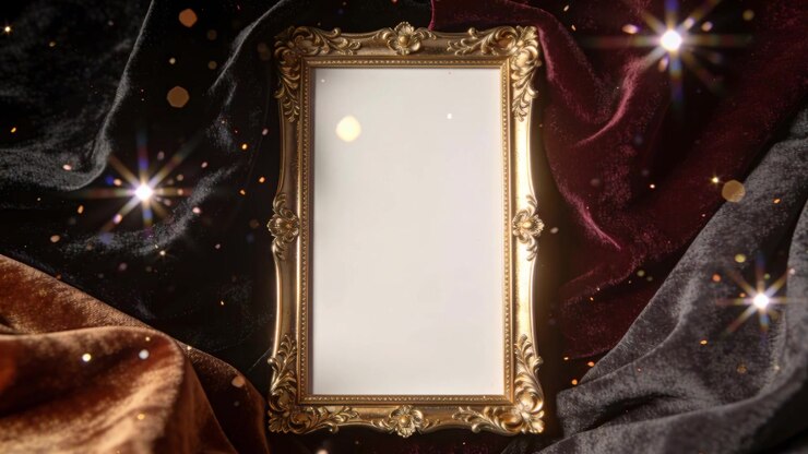 Star flare pulsing causing golden bokeh drifting over velvet toward gold frame framing blank area