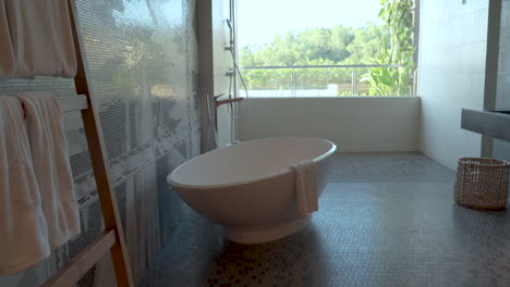 oval white ceramic tub. hotel resort bathroom interior. sideways shot