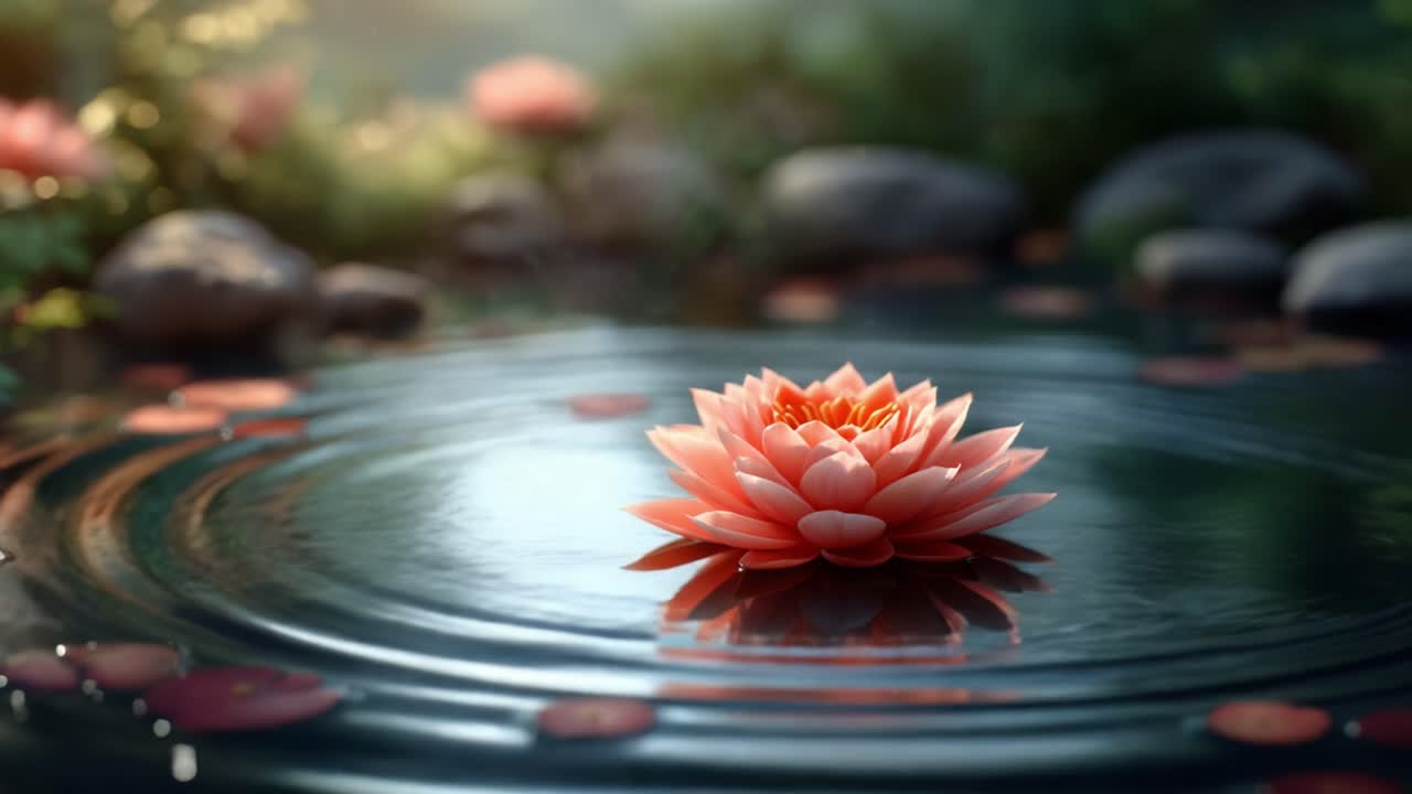 A Tranquil Lotus Blossom Floating Gracefully on a Serene Water Surface, Surrounded by Pebbles and a Softly Blurred Natural Background Enhancing Its Beauty