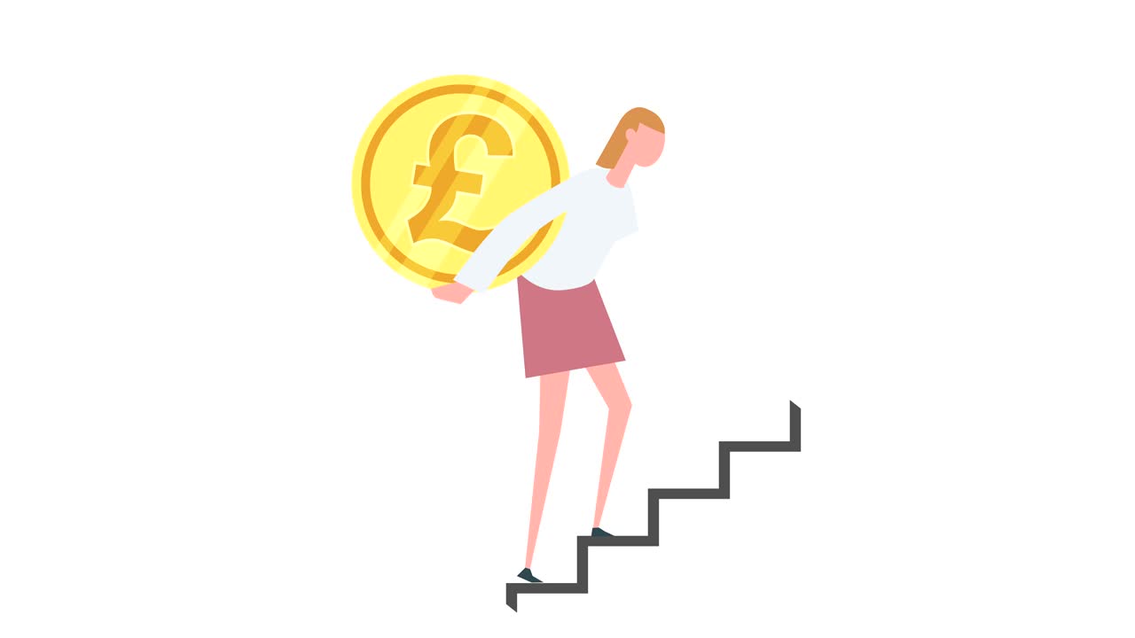 animación de personajes de mujeres coloridas. niña sube por la escalera con una moneda de lira turca en la espalda.