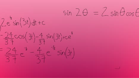 Animation-of-hand-written-mathematical-formulae-over-pink-background