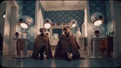 two women with curlers in their hair are sitting in a vintage hair salon, waiting for their hair treatment to finish under the heat of the lamps